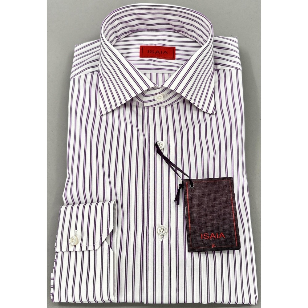 Isaia Shirt Mens 15.5 39 White Purple Stripe Regular Fit Long Sleeve Dress NWT
